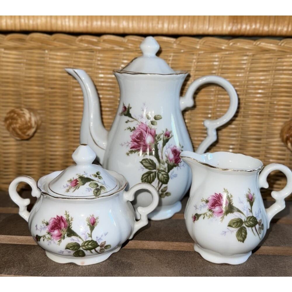 Vintage Teapot 3 Piece Set Creamer/Sugar Bowl- Japanese Moss Rose Pattern Mint